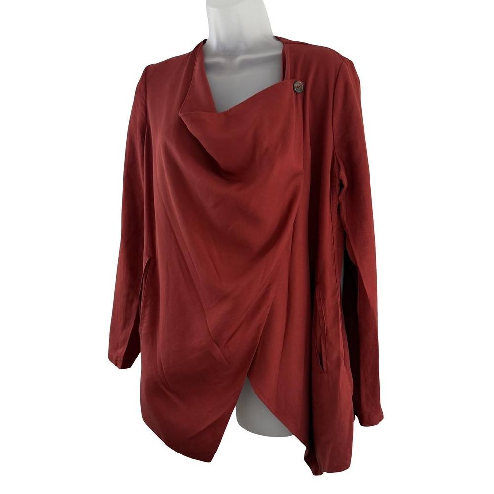 BLANKNYC Jacket Womens XS Rust Red Draped Open Front Waterfall Cardigan Blazer
